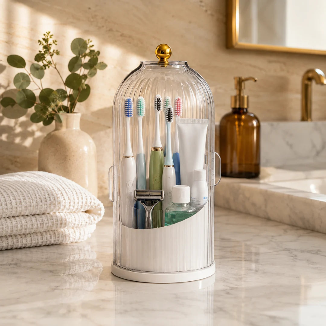 360° Rotating Bathroom Organizer — Toothbrush, Makeup & Accessories